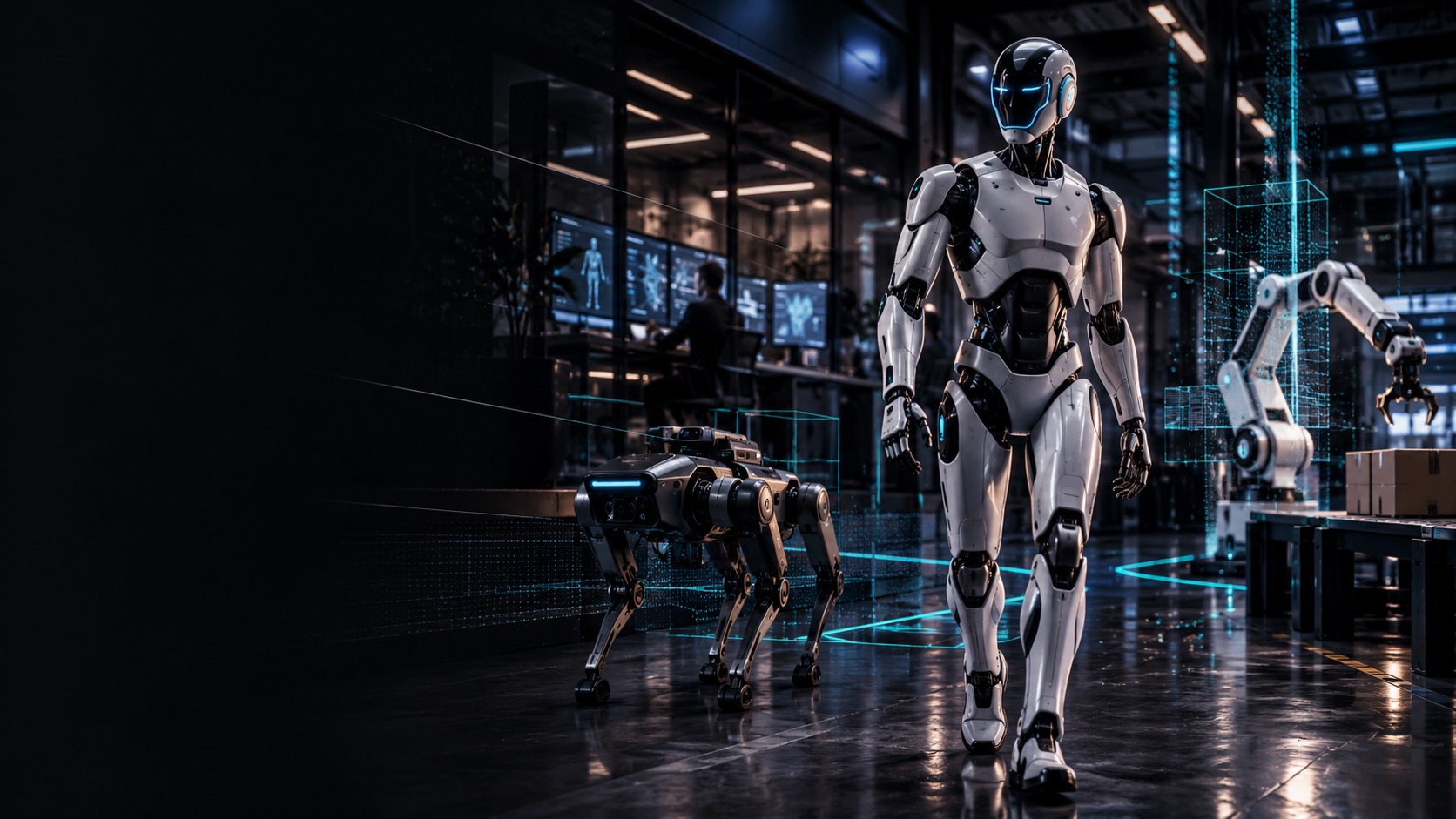 Humanoide y robot cuadrúpedo en un entorno tecnológico