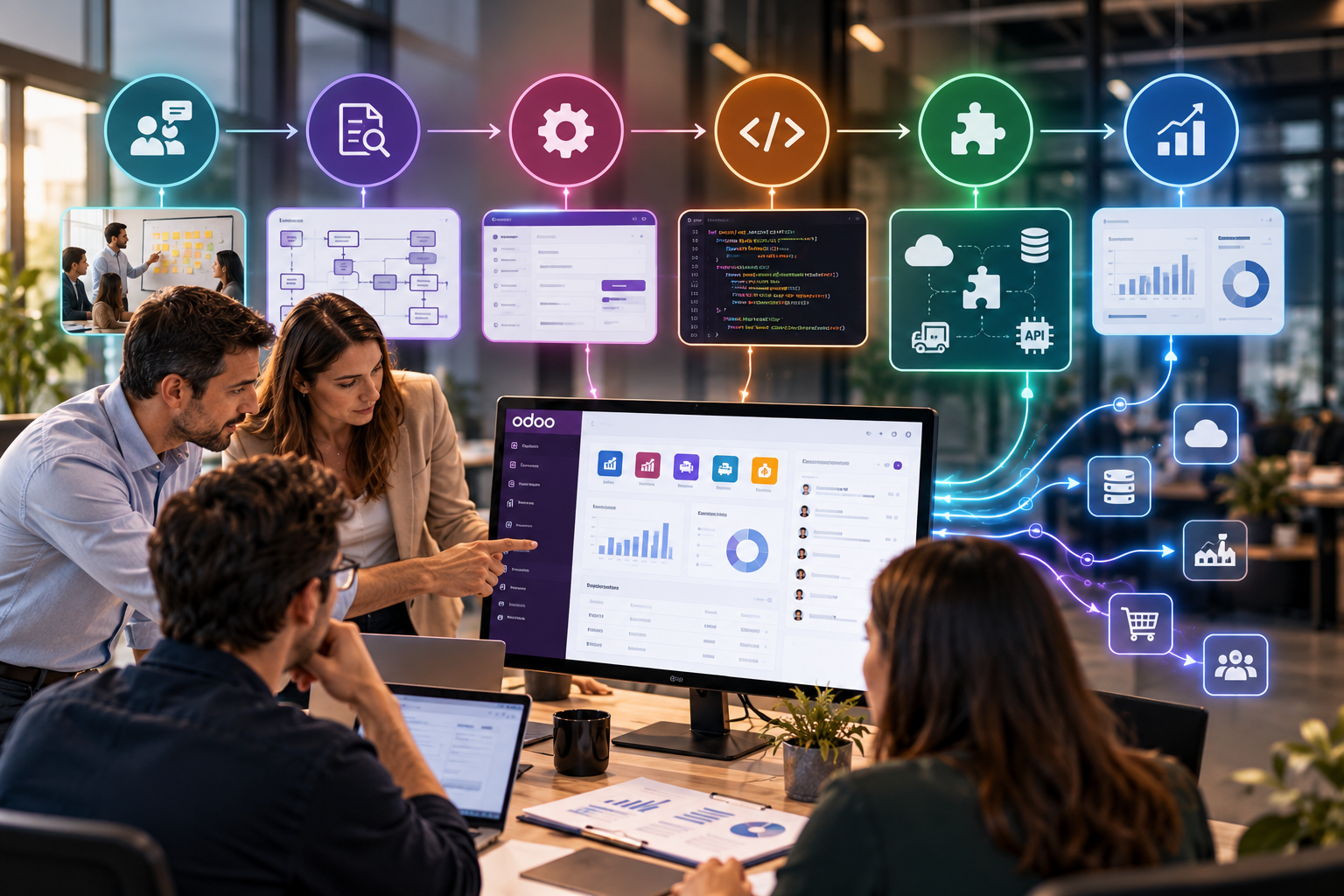 Equipo trabajando en una solución tecnológica